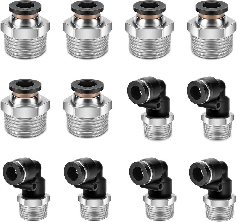 cnaodun 12 Pcs Push to Connect Fittings 1/4 Inch Tube OD x 3/8 Inch NPT Thread Pneumatic Male Straight and Elbow Quick Connect Air line fittings - Image 1